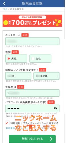 ニックネームなど情報入力
